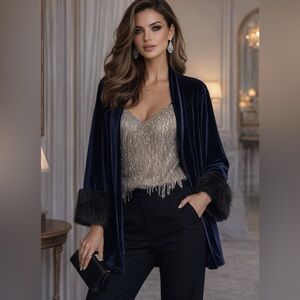 Khepris Navy Velvet Kimono Jacket Faux Fur Cuff SIze S Evening Statement